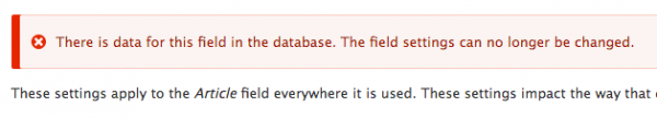 There is data for this field in the database. The field settings cano no longer be changed.