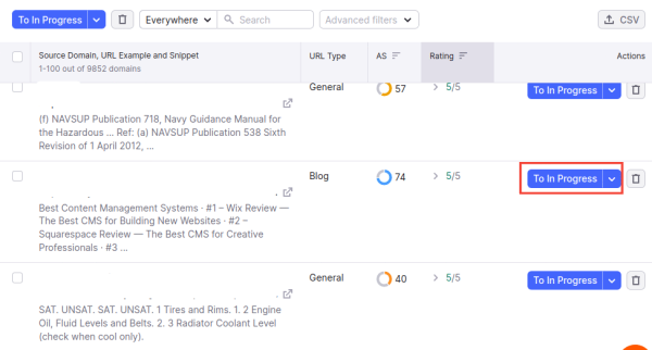 Link Building Tool To in Progress Tab